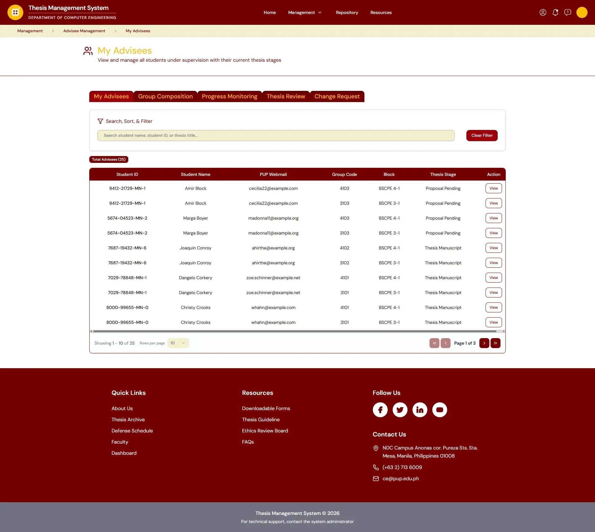 Full snapshot of the Adviser Management Main Panel